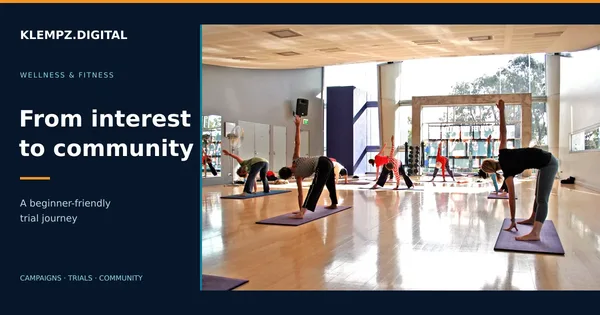Group yoga class in a bright gym studio beside Klempz’s From interest to community branding