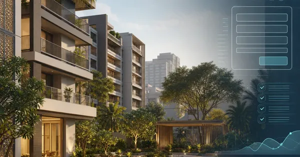 Conceptual Indian residential development with digital enquiry, CRM and analytics motifs; not an actual property project